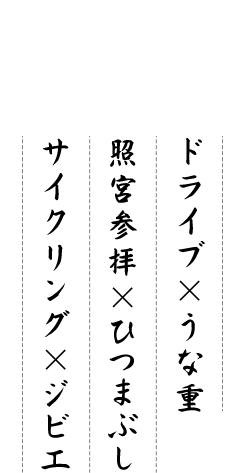 △香嵐渓ドライブ×うな重△松平東照宮参拝×ひつまぶし△三河湖サイクリング×ジビエ